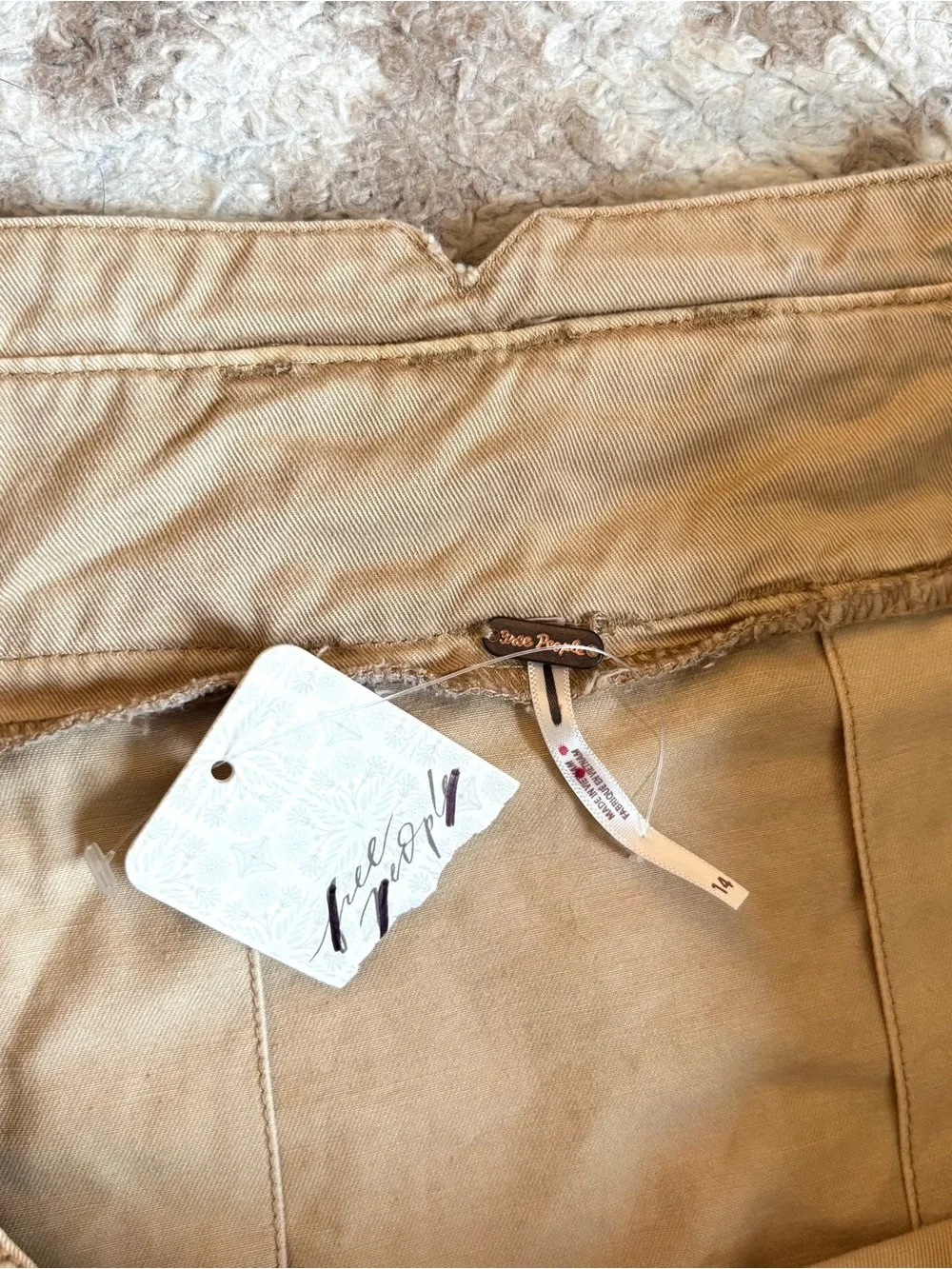 Free People NWT Pleated Mini Skirt Raw Hem Side Zip Khaki Tan Brown